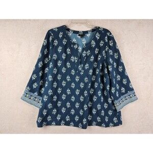 J Jill Wearever Easy Care Women's 3/4 Sleeve Floral V Neck Blouse Top Size L